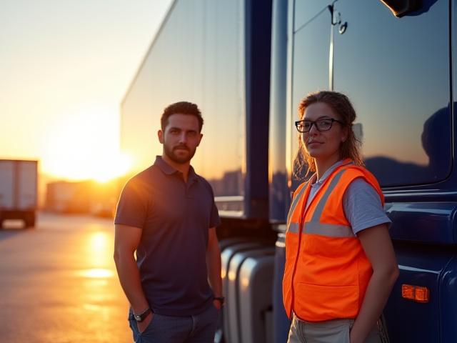 RJ Trucking leadership team standing confidently in front of a modern heavy-duty truck