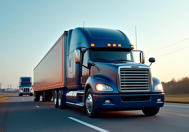 Vintage photo style of the early fleet transitioned to a modern, high-tech RJ hauling truck