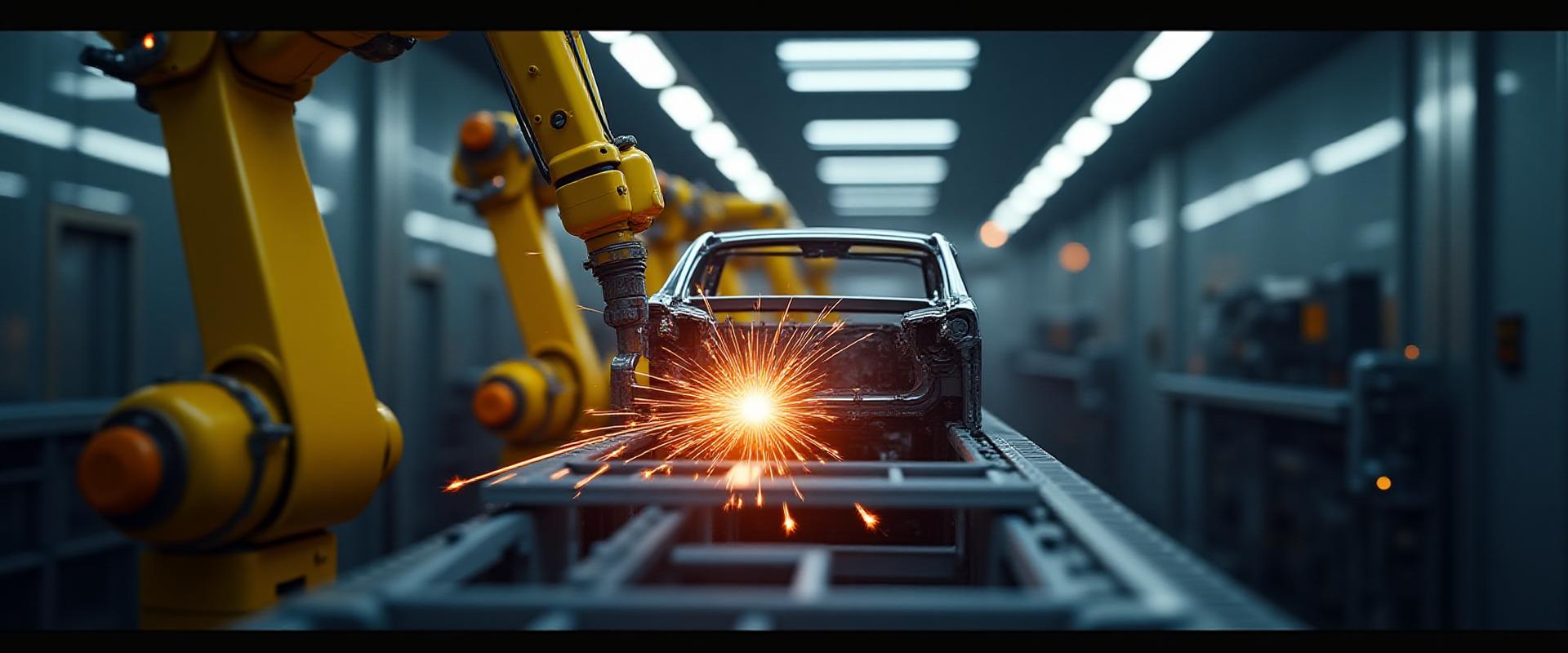 Modern automotive robotic assembly line showing precision manufacturing