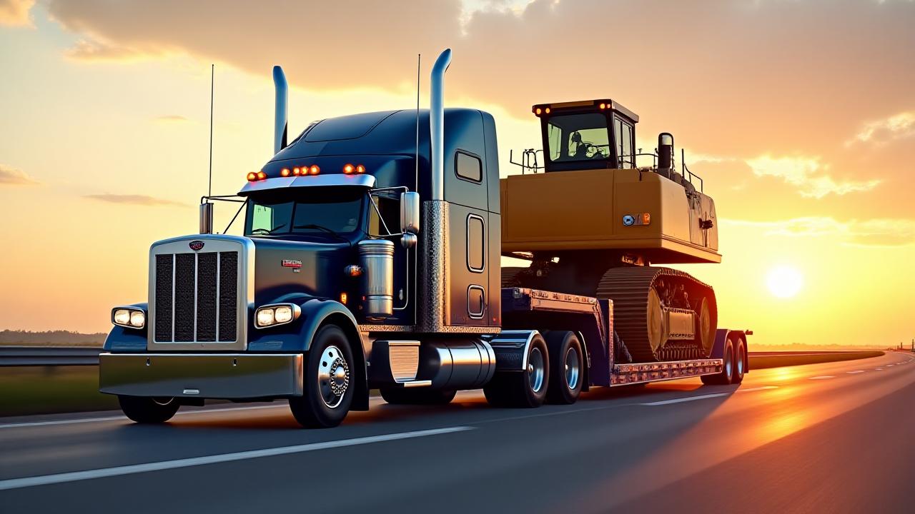 Yellow excavator secured on a lowboy trailer during transport
