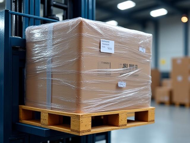 Professionally wrapped pallet being moved by a forklift in a clean warehouse